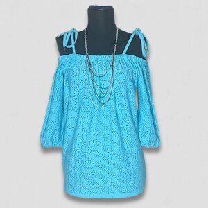 Michael Kors Blouse Off-Shoulder Laser-Cut Eyelet Pattern Lightweight Blue sz M